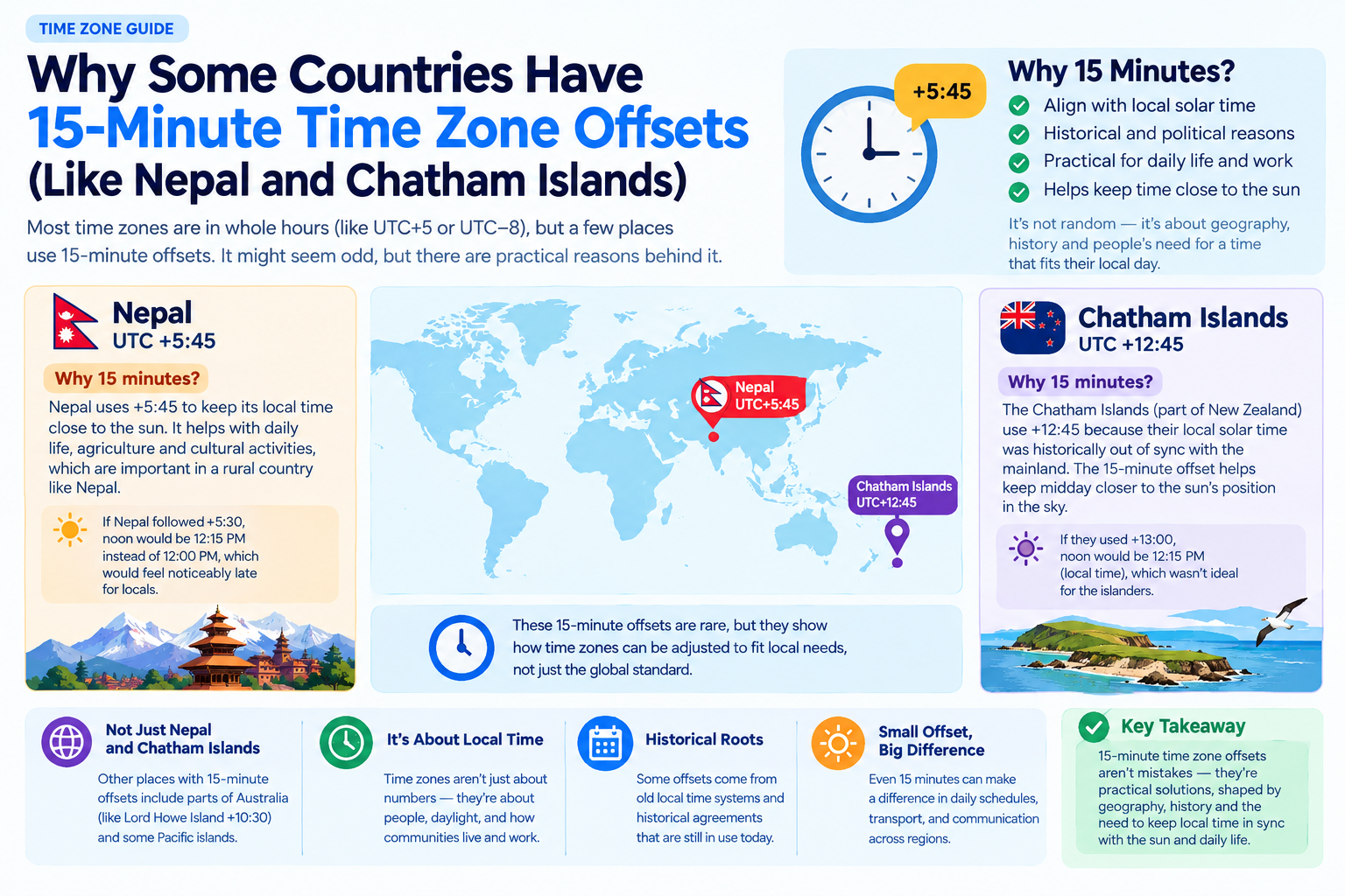 Why Some Countries Have 15-Minute Time Zone Offsets (Like Nepal and Chatham Islands)