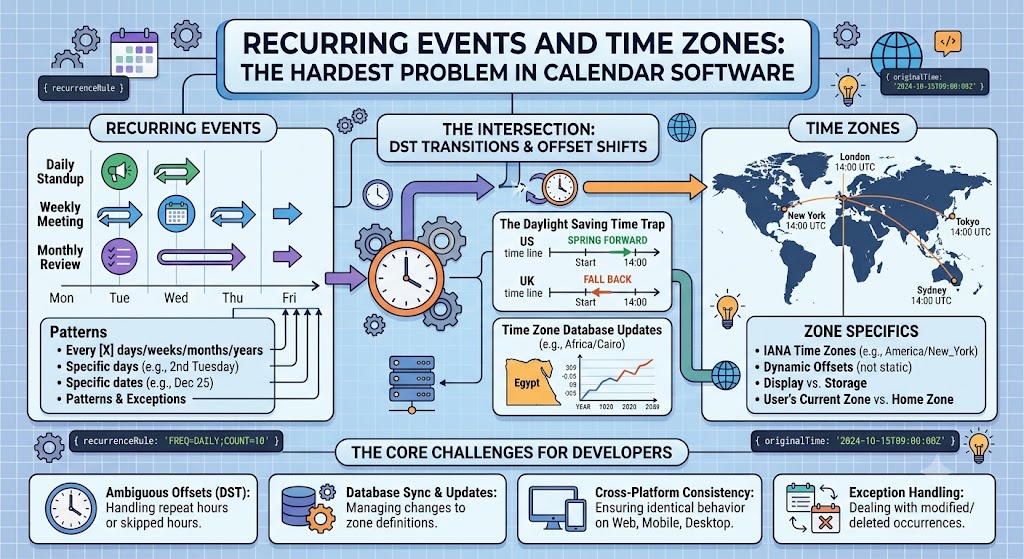 Recurring Events and Time Zones: The Hardest Problem in Calendar Software