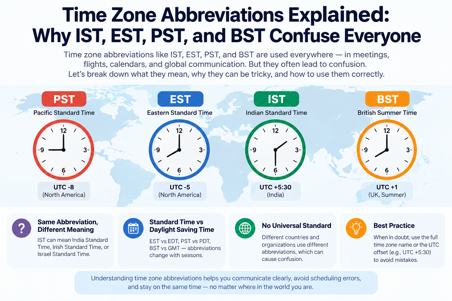 Time Zone Abbreviations Explained: Why IST, EST, PST, and BST Confuse Everyone